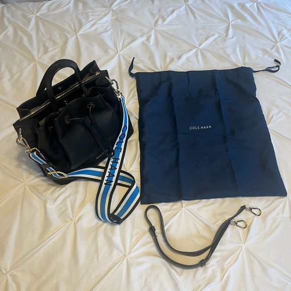 Cole Haan Black Pebble Leather Satchel with Blue Accent strap - Picture 2 of 7
